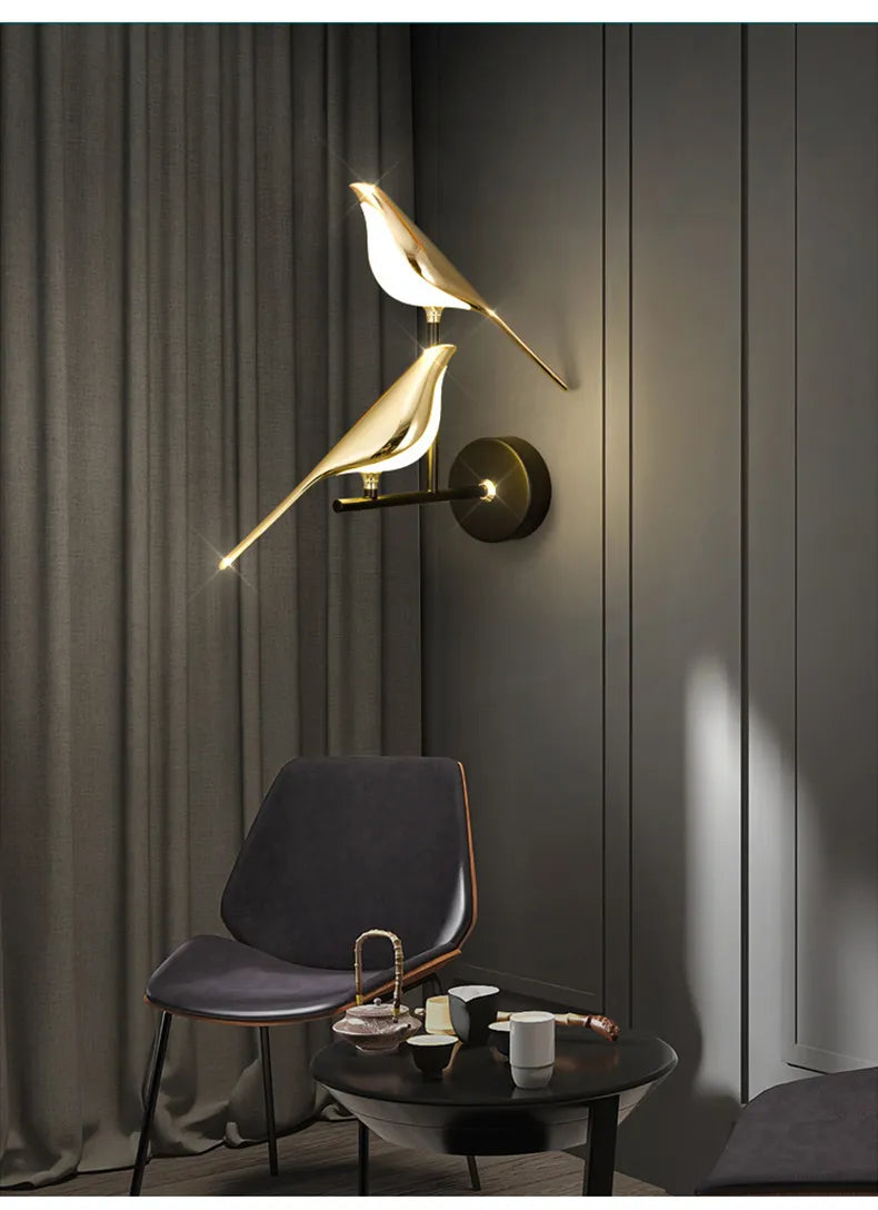 Nordic LED Golden Bird Wall Lamp Parlor Bar Bedside Hanging Light Novelty Rotatable